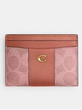 Coach Pink and Rust Signature Card Holder with Gold 'C' Emblem